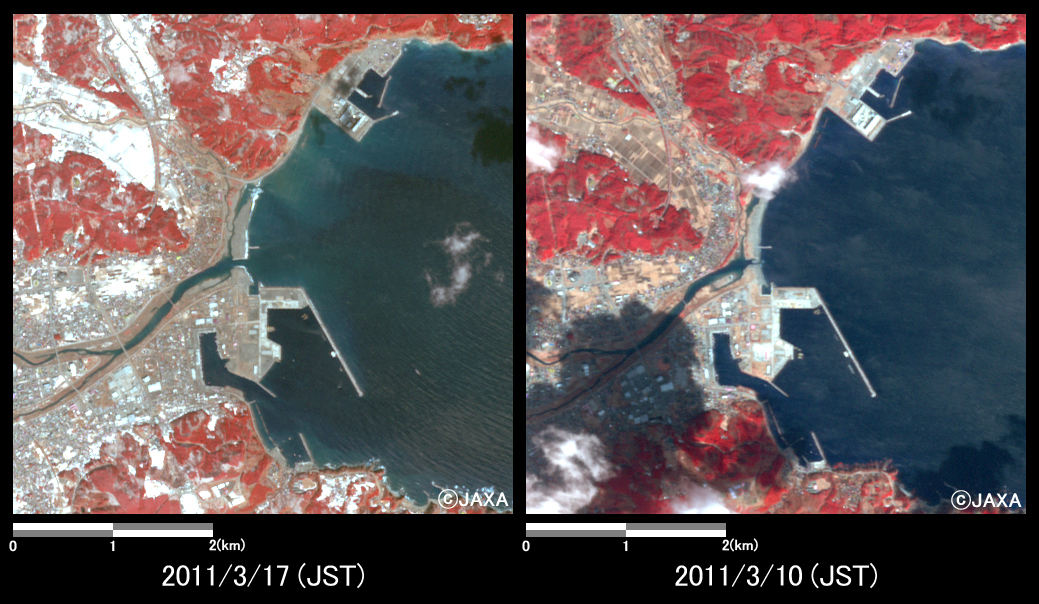 図2:陸域観測技術衛星「だいち」搭載センサ、アブニール・ツーで観測された岩手県久慈市付近の冠水の様子(約5km×5kmのエリア、左図:地震後(2011年3月17日)、右図:地震前(2011年3月10日))