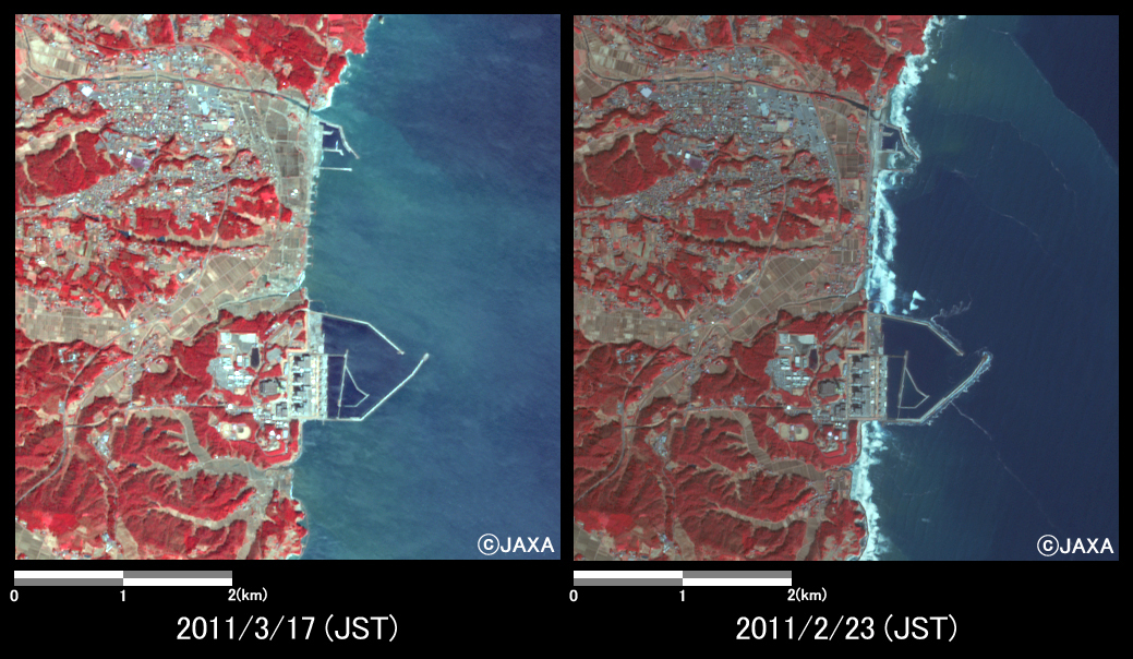 図9:陸域観測技術衛星「だいち」搭載センサ、アブニール・ツーで観測された福島県富岡町付近の様子(約5km×5kmのエリア、左図:地震後(2011年3月17日)、右図:地震前(2011年2月23日))