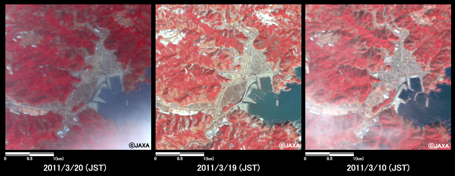 図7:陸域観測技術衛星「だいち」搭載センサ、アブニール・ツーで観測された岩手県宮古市田老地区の冠水の様子(約3km×3kmのエリア、左図：地震後(2011年3月20日)、中央図：地震後(2011年3月19日)、右図：地震前(2011年3月10日))