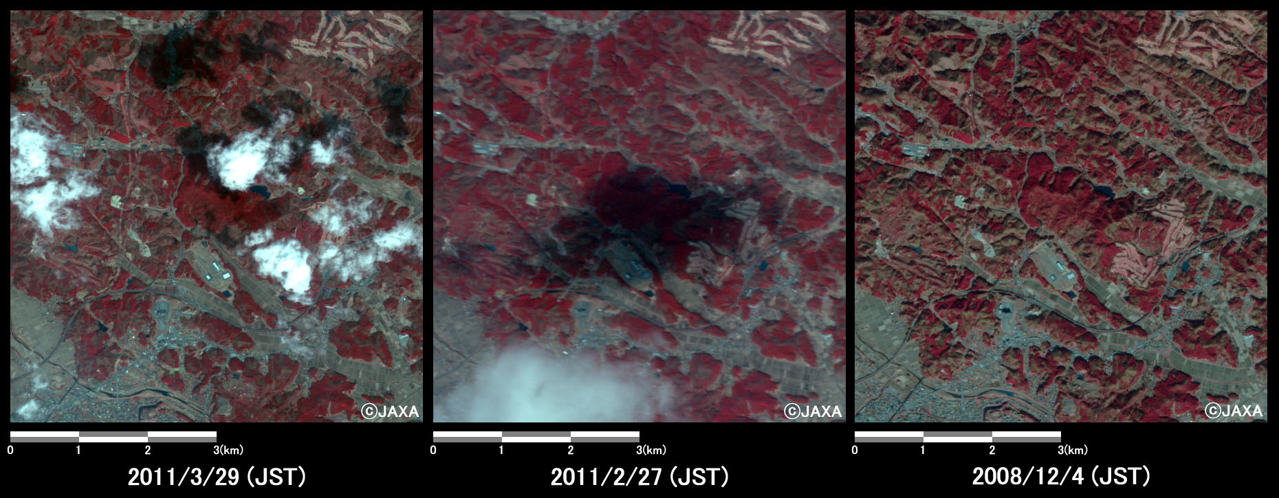 図4:陸域観測技術衛星「だいち」搭載センサ、アブニール・ツーで観測された福島県白河市付近の様子 (約6km×6kmのエリア、左図: 地震後2011年3月29日、右図: 地震前2008年12月4日)