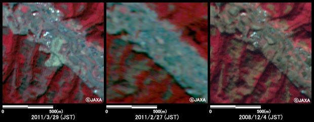 図5:陸域観測技術衛星「だいち」搭載センサ、アブニール・ツーで観測された栃木県那珂川町押野地区付近の様子(約1km×1kmのエリア、左図: 地震後2011年3月29日、右図: 地震前2008年12月4日)