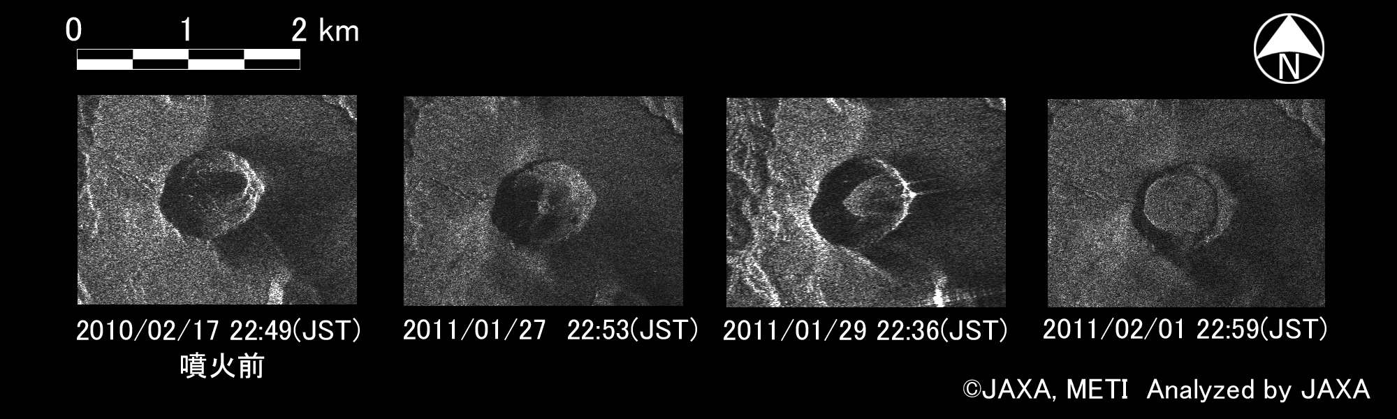 図4:陸域観測技術衛星「だいち」(ALOS)搭載Lバンド合成開口レーダ(PALSAR；パルサー)による新燃岳周辺の拡大図、左側から順に2010年2月17日（噴火前）、2011年1月27日、1月29日、及び2月1日の観測結果