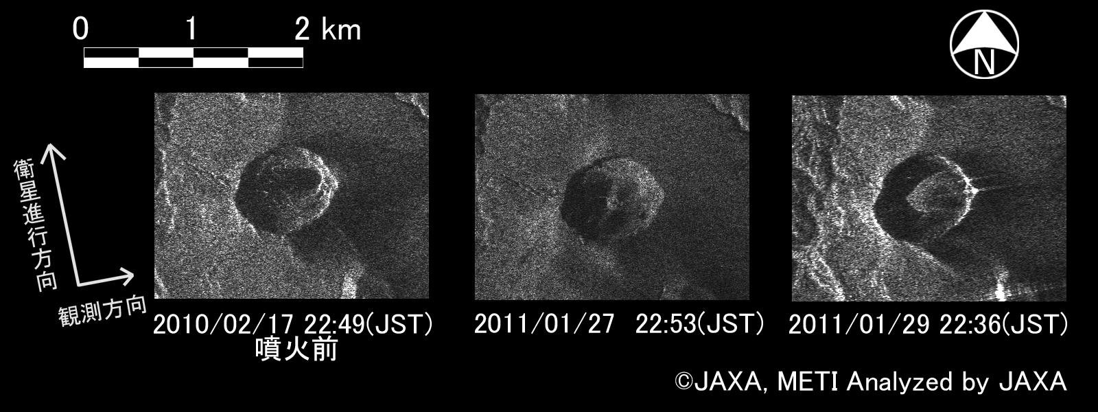 図4:陸域観測技術衛星「だいち」(ALOS)搭載Lバンド合成開口レーダ(PALSAR；パルサー)による新燃岳周辺の拡大図(昇交軌道による西南西からの観測)