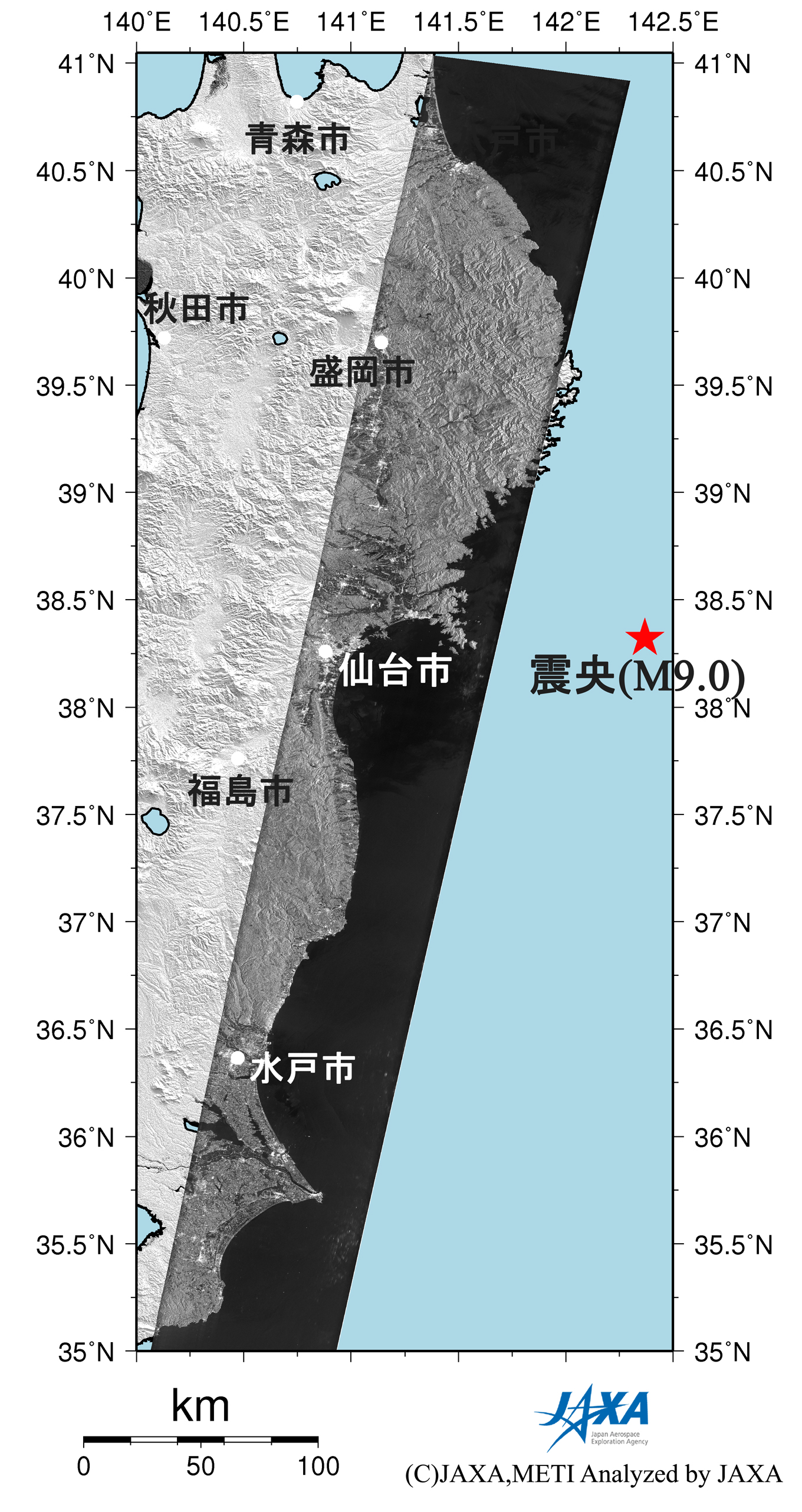 図2右:陸域観測技術衛星「だいち」(ALOS)搭載のLバンド合成開口レーダ(PALSAR；パルサー)により地震後(2011年4月7日)に観測された画像
