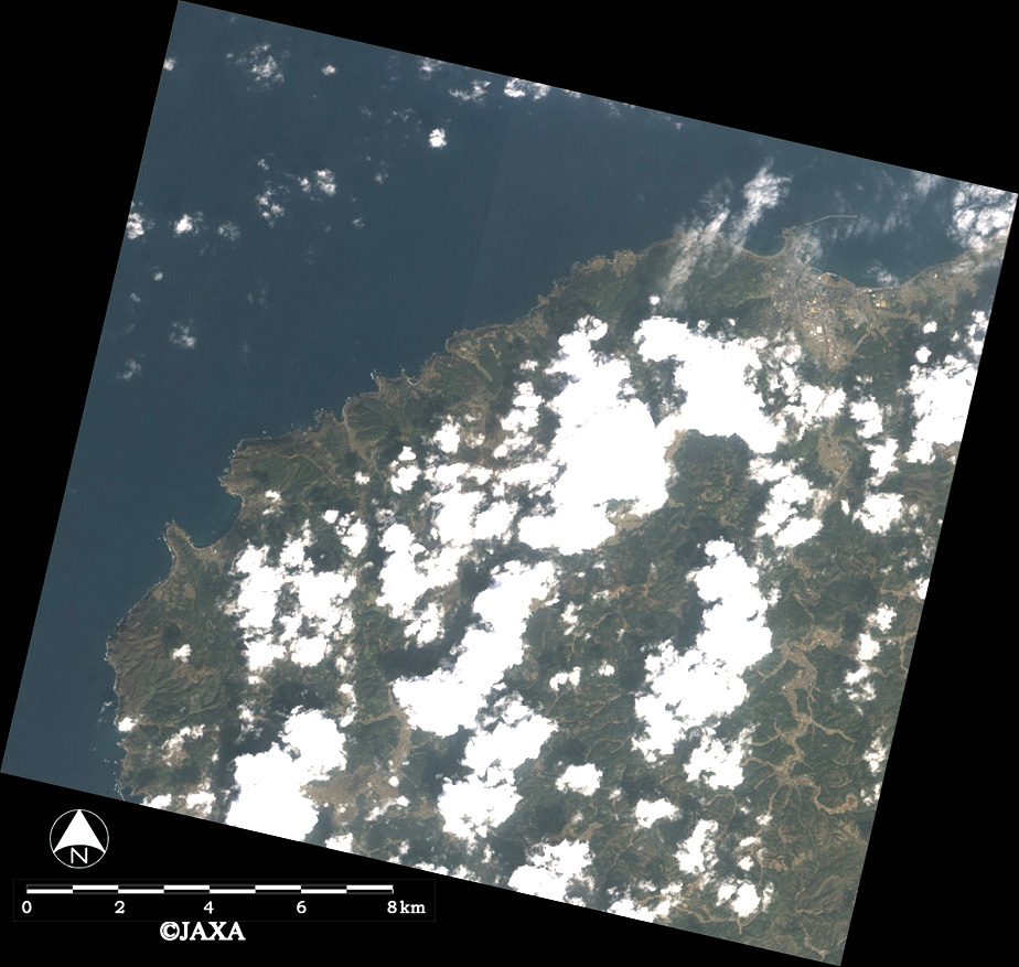 The pan-sharpen image of Noto Peninsula, Ishikawa Pref.,Japan observed by "Daichi"(ALOS) on Mar. 28, 2007.