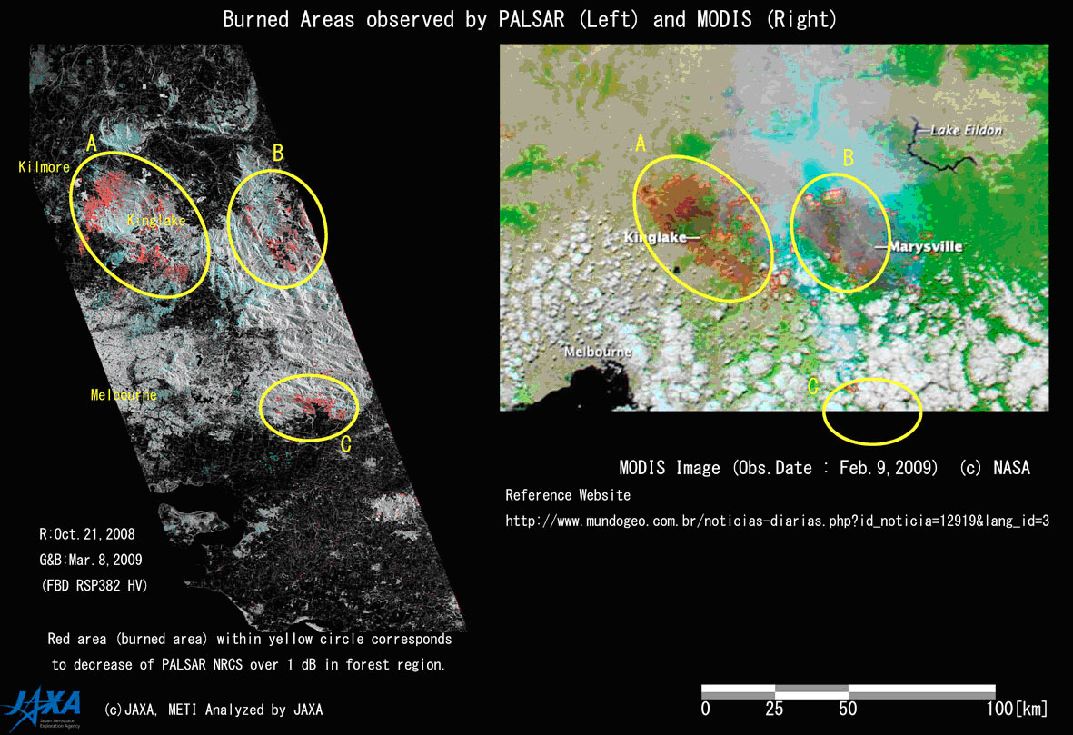 }1:}1ɁA2009N38Ƀ{k̒LAߍxԂɊϑ摜ɁAߋ(2008N1021)̉摜Ƃ̔r琄肵𔖐Ԃ\܂(̐}łAABAC3JmFł܂)Bwỉ摜ɂ́A{sXLA̒邭(_ł͂܂)ÅԂÂfĂ܂BAE̐}NASAMODIS1ȏO29ɓnϑ摜łB摜1ȏuĂ܂A[_[AwZT璊oRΎՂ̑傫͗ގĂ܂BkڂAВn͍ő20kmxɋyԂƂ킩܂B܂APALSAR͉_̉łӏƂ炦邱Ƃ킩܂B