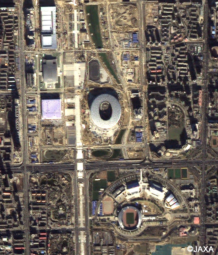 Pan-sharpen image of around National Stadium (Beijing, China) observed by AVNIR-2 and PRISM on Dec. 2, 2007.