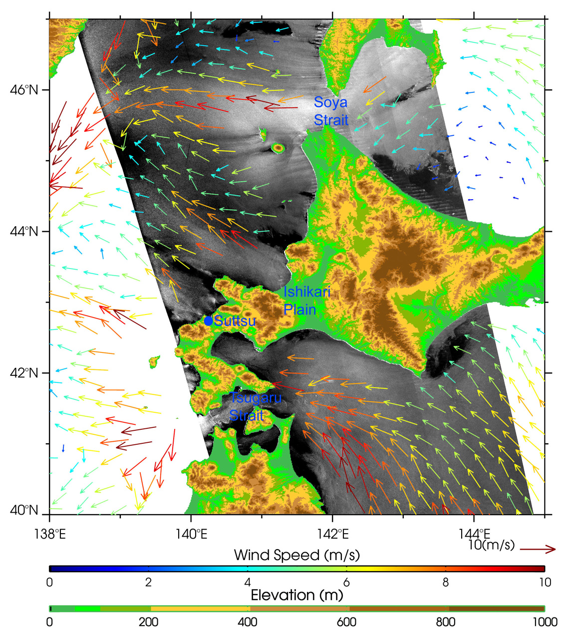  Gap winds around Hokkaido, Japan, observed by PALSAR (ScanSAR) on 8 June 2006.