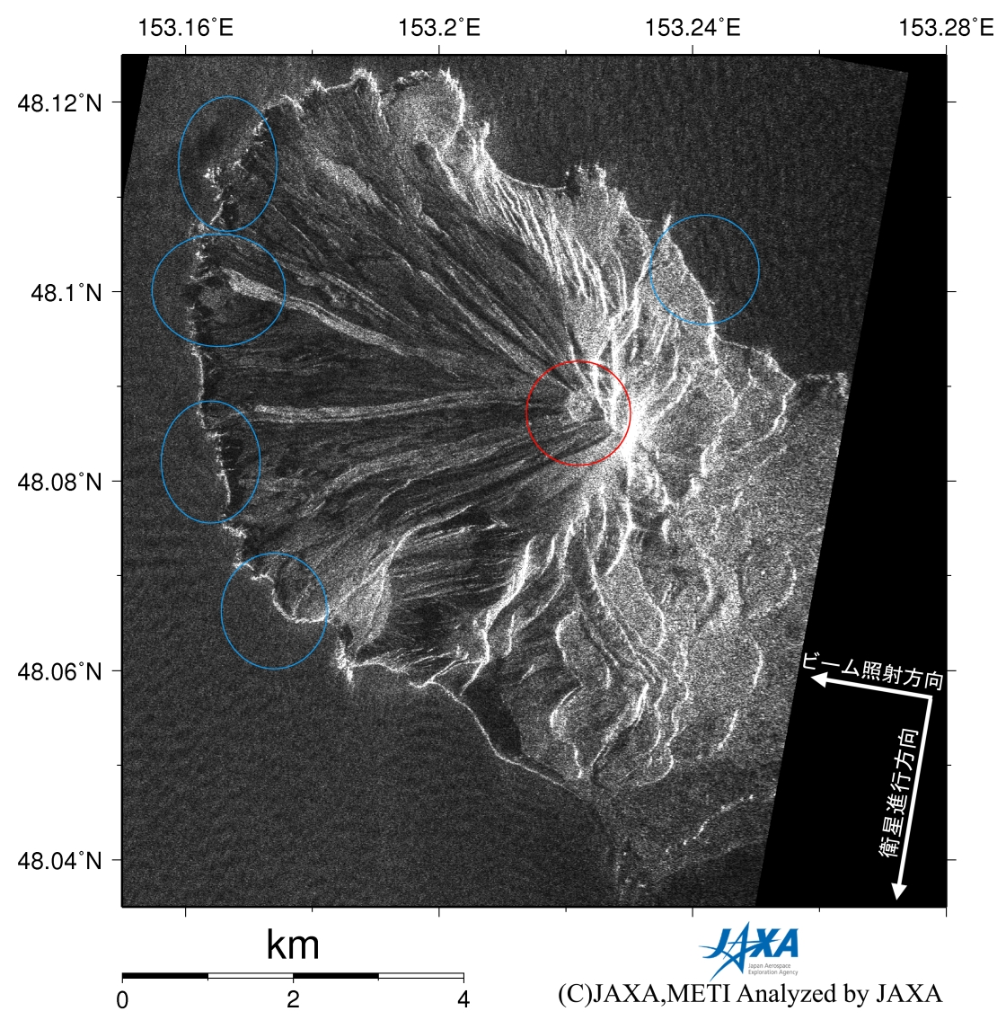 図1右:2007年3月14日に陸域観測技術衛星「だいち」(ALOS)搭載のLバンド合成開口レーダ(PALSAR；パルサー)により観測された千島列島マツア島サリュチェフ火山