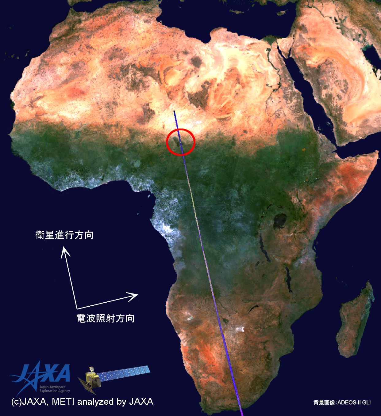 図5:陸域観測技術衛星「だいち」搭載センサ、フェーズドアレイ方式Lバンド合成開口レーダ(パルサー)最終画像の撮像位置(背景画像はADEOS-II搭載センサ、GLIによる)