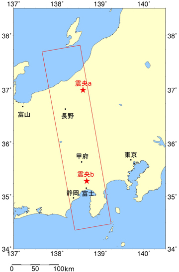 図1:2011年4月11日22時9分頃に陸域観測技術衛星「だいち」(ALOS)搭載のLバンド合成開口レーダ(PALSAR；パルサー)により観測された全体図(赤枠がPALSARでの観測位置。星印は3月12日(a)および3月15日(b)の地震の震央を示す。)
