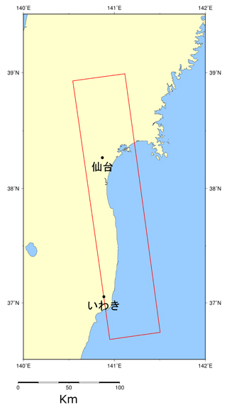 図1:2011年3月13日22時11分頃(日本時間)に陸域観測技術衛星「だいち」(ALOS)搭載のLバンド合成開口レーダ(PALSAR；パルサー)により観測された画像全体の地図、赤枠がPALSARでの観測位置