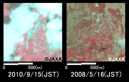 図2:陸域観測技術衛星「だいち」搭載センサ、アブニール2で観測されたグアテマラシティから西に約80km地点の河川増水箇所の拡大(それぞれ1km四方)。左：2010年9月15日(災害発生後)、右：2008年5月16日(災害発生前)