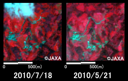 図2:陸域観測技術衛星「だいち」搭載センサ、アブニール2で観測された和歌山県伊都郡かつらぎ町短野付近の拡大(それぞれ1km四方)。左：災害発生後(2010年7月18日)、右：災害発生前(2010年5月21日)