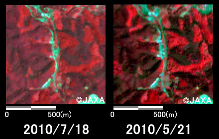 図4:陸域観測技術衛星「だいち」搭載センサ、アブニール2で観測された大阪府河内長野市天見の拡大(それぞれ1km四方)。左：災害発生後(2010年7月18日)、右：災害発生前(2010年5月21日)