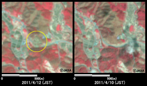 }4:ϑZpquvڃZTAAuj[Ec[Ŋϑꂽ킫snӒ㊘˕t߂̗lq(1km~1km̃GAA}: ]k2011N412AE}: ]kO2011N410)