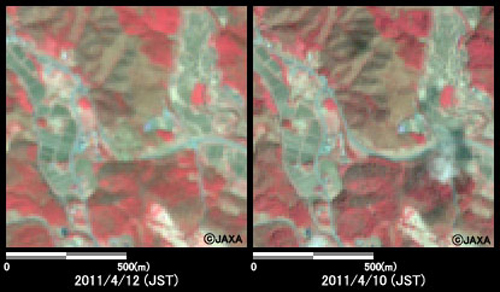 }4:ϑZpquvڃZTAAuj[Ec[Ŋϑꂽ킫snӒ㊘˕t߂̗lq(1km~1km̃GAA}: ]k2011N412AE}: ]kO2011N410)