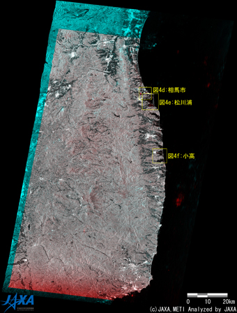 図3(b): 図2のPALSARカラー合成画像全体図から、福島県沿岸部