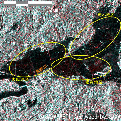図4(a):PALSARでの2011年4月2日観測の画像を赤に、2011年3月16日の画像を緑と青に割り当てたカラー合成画像から、石巻周辺拡大図