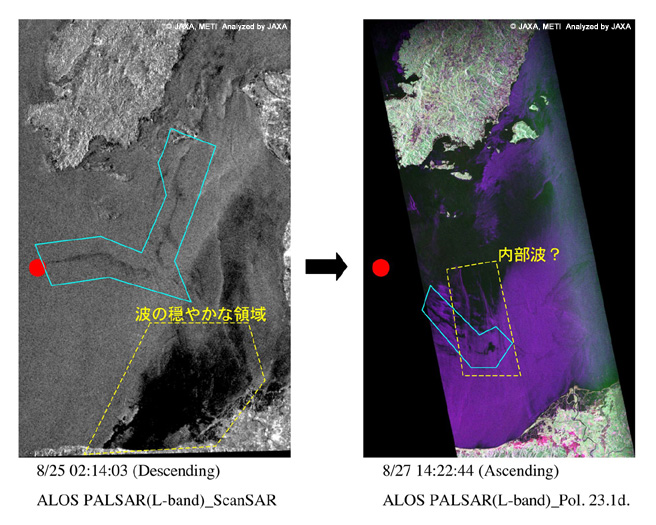 オイル漏れ災害PALSAR画像。左) ScanSAR画像、右) ポラリメトリカラー合成画像(赤：HH、緑：HV、青：VV)