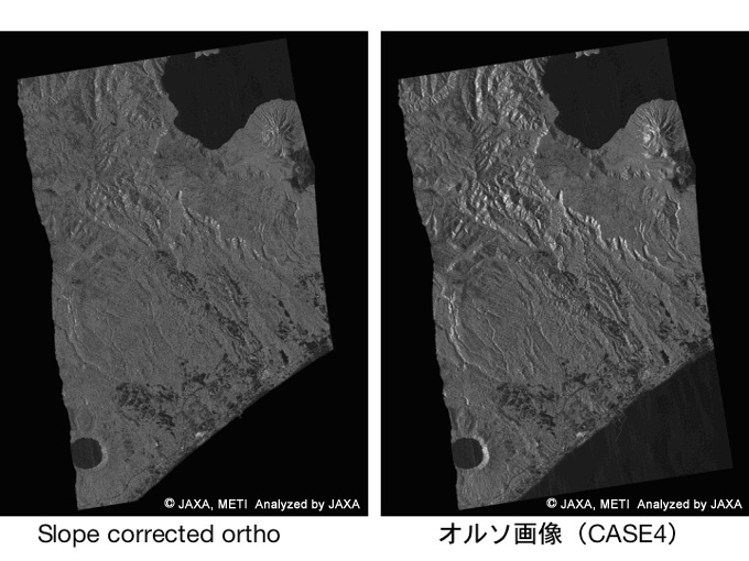 図5: 左：倒れ込みのみを補正したもの。右：地面のでこぼこに伴う明るさの効果を補正したオルソ画像。