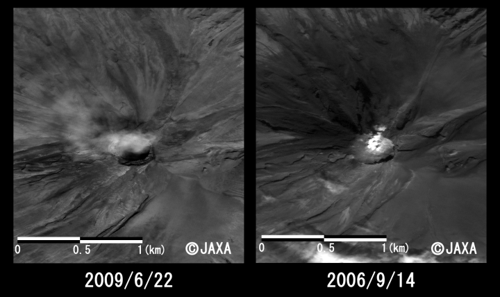 図3:陸域観測技術衛星「だいち」(ALOS)搭載のパンクロマチック立体視センサ(プリズム)により観測されたサリュチェフ火山火口付近の拡大図、左：噴火後(2009年6月22日観測)、右：噴火前(2006年9月14日観測)、それぞれ約2km四方