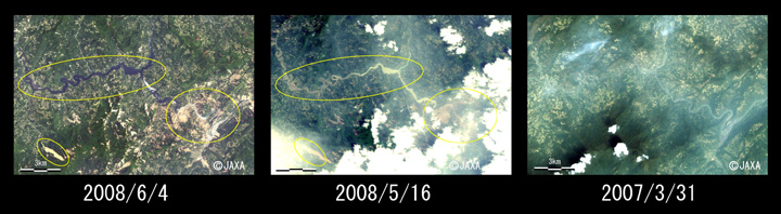 }6::2008N64ϑ, :2008N516ϑ, E:2007N331Ɋϑꂽ摜(R,G,B=oh3, 2, 1ōgD[J[摜Aꂼꂨ悻c12km~18kml)