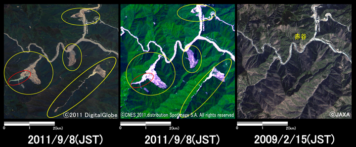 }3:ޗǌ܏sԒJnӂ̗lq (4.5km~4.5km̃GA)A}: ЊQ2011N98ϑ(WorldView-2)A}: ЊQ2011N98ϑ(SPOT-4)AE}: ЊQO2009N215ϑ(ALOS)