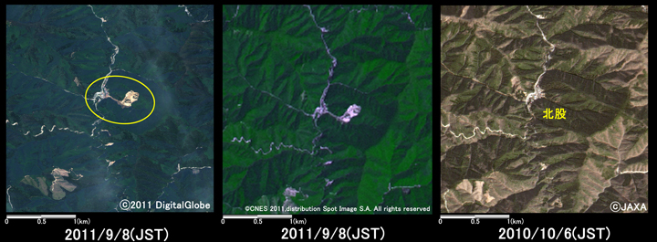 }12:ޗǌ씗쑺kҎӂ̗lq (3km~3km̃GA)A}: ЊQ2011N98ϑ(WorldView-2)A}: ЊQ2011N98ϑ(SPOT-4)AE}: ЊQO2010N106ϑ(ALOS)