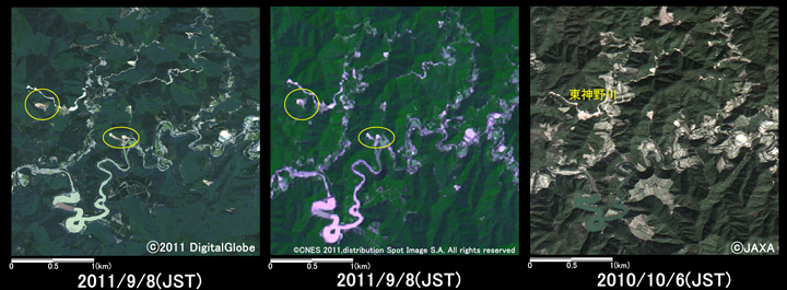 }11:ޗǌ\Ð쑺͖ӂ̗lq (3km~3km̃GA)A}: ЊQ2011N98ϑ(WorldView-2)A}: ЊQ2011N98ϑ(SPOT-4)AE}: ЊQO2010N106ϑ(ALOS)B