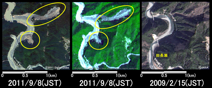 }4:ޗǌ\Ð쑺cnӂ̗lq (1.5km~1.5km̃GA)A}: ЊQ2011N98ϑ(WorldView-2)A}: ЊQ2011N98ϑ(SPOT-4)AE}: ЊQO2009N215ϑ(ALOS)