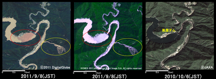 }6:ޗǌ\Ð쑺_ӂ̗lq (3km~3km̃GA)A}: ЊQ2011N98ϑ(WorldView-2)A}: ЊQ2011N98ϑ(SPOT-4)AE}: ЊQO2010N106ϑ(ALOS)B