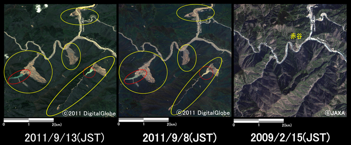 }4:ޗǌ܏sԒJnӂ̗lq (4.5km~4.5km̃GA)A}: ЊQ2011N913ϑ(WorldView-2)A}: ЊQ2011N98ϑ(WorldView-2)AE}: ЊQO2009N215ϑ(ALOS)