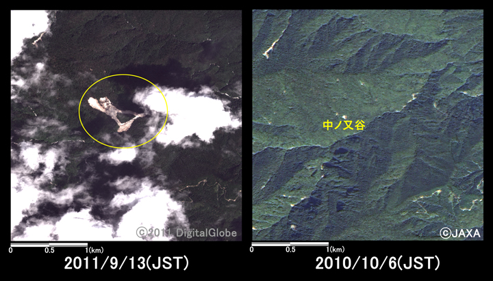 }3:ޗǌkRnӂ̗lq(3km~3km̃GA)A}: ЊQ2011N913ϑ(WorldView-2)AE}: ЊQO2010N106ϑ(ALOS)