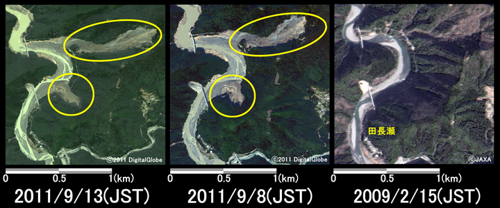 }5:ޗǌ\Ð쑺cnӂ̗lq (1.5km~1.5km̃GA)A}: ЊQ2011N913ϑ(WorldView-2)A}: ЊQ2011N98ϑ(WorldView-2)AE}: ЊQO2009N215ϑ(ALOS)B