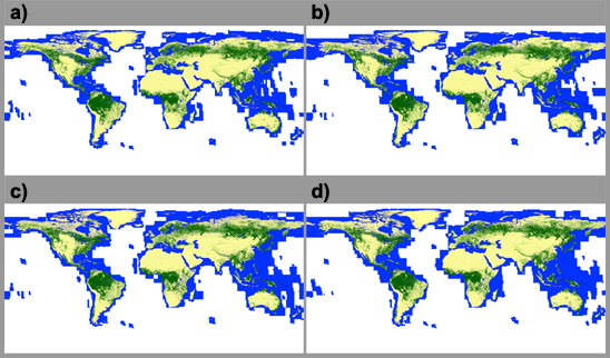 PALSARモザイク画像による新森林・非森林マップ ( a) 2007, b) 2008, c) 2009, d) 2010 )