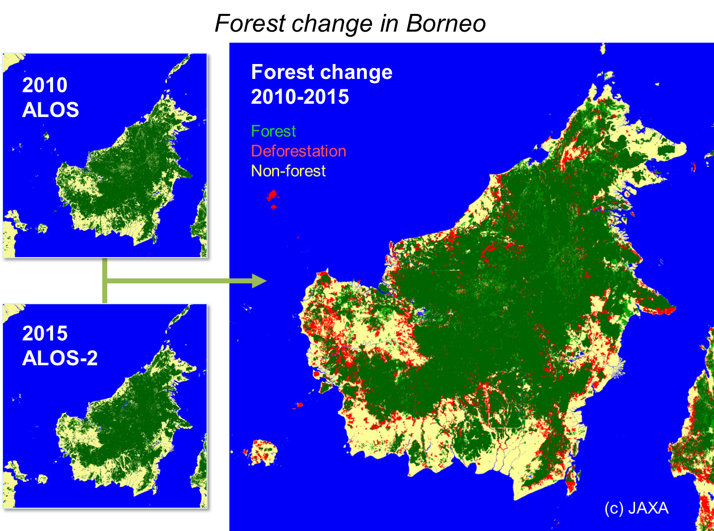 図2: PALSAR-2/PALSARモザイク新森林・非森林マップによるボルネオ島において2010年から2015年の間に発生した森林減少（赤色で示す領域）