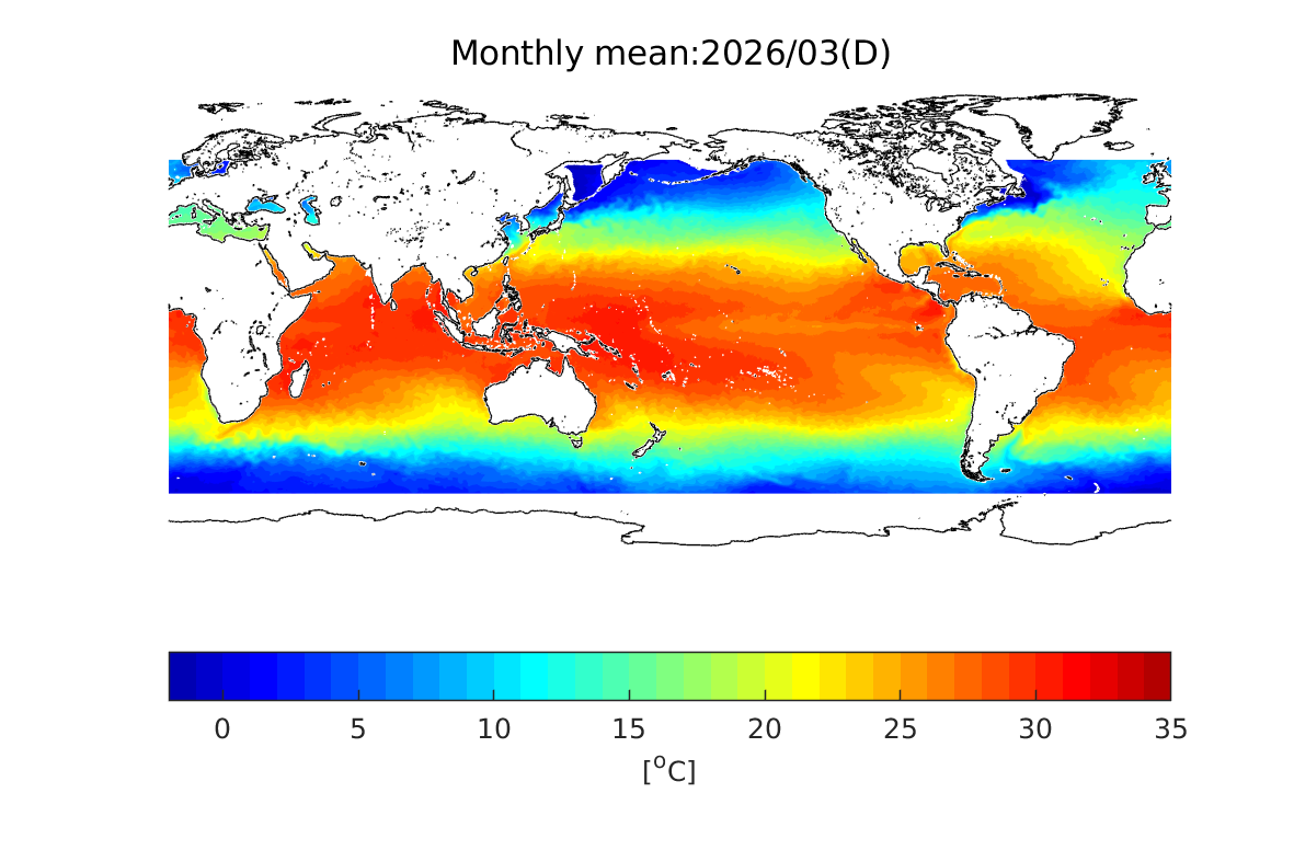 SST observation image by AMSR3 (average of descending orbits from August 15-17, 2025). Light gray areas over the ocean indicate missing data due to strong rain or wind.