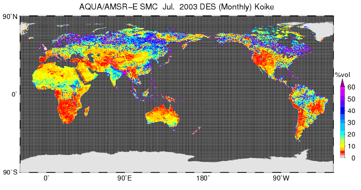 AMSR-Eによる全球土壌水分量分布 (2003年7月, 月平均体積含水率)