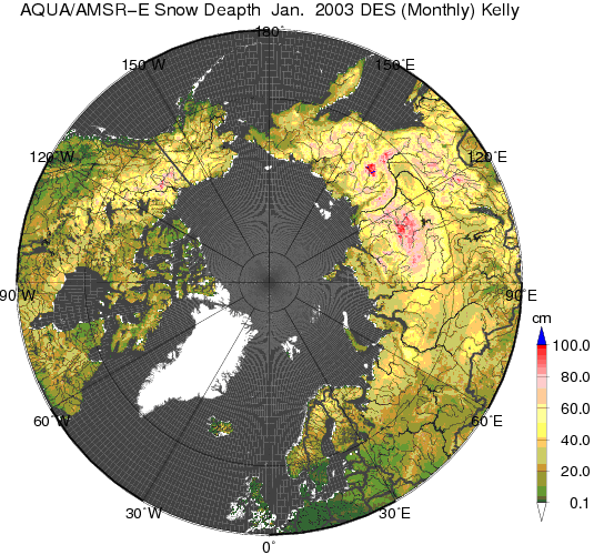 AMSR-EによるAMSR-Eによる北半球積雪深分布(2003年1月、月平均値)