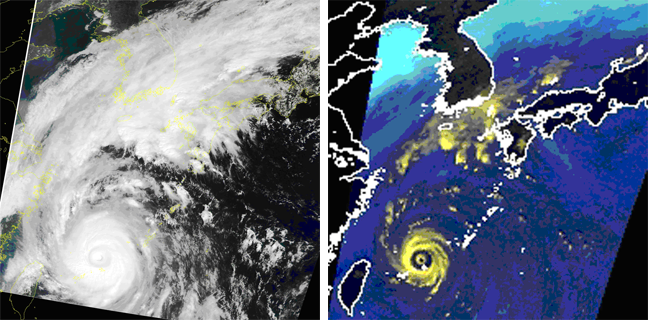 可視光(GLI、左)とマイクロ波(AMSR、右)でみた2003年台風14号