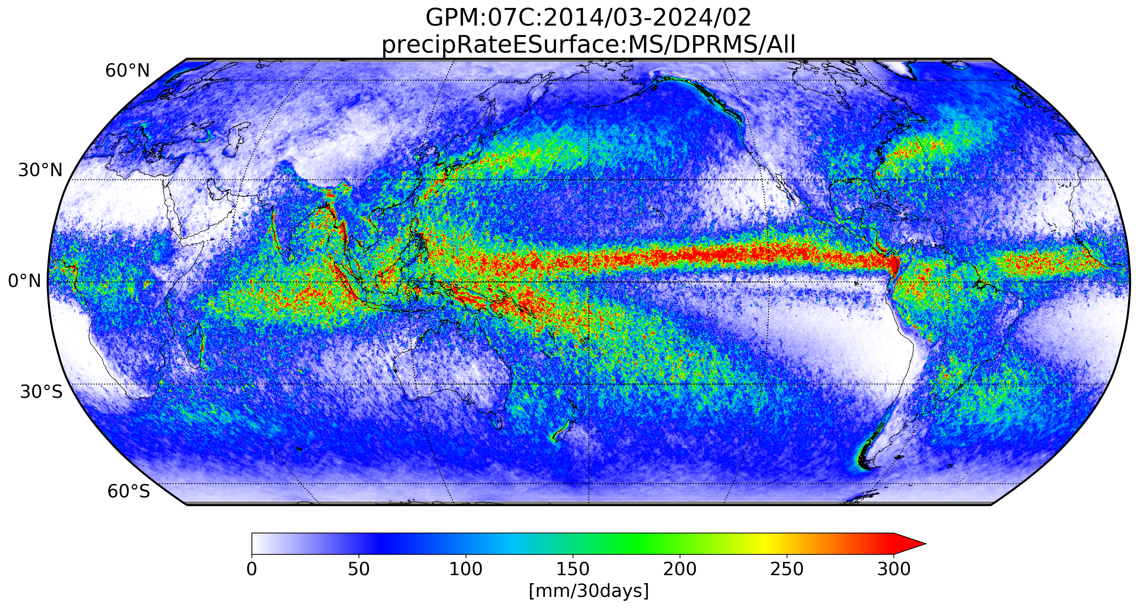 GPM/DPRによる地表面降水分布の気候値。期間は2014年3月～2024年2月までの10年間。単位はmm/30days。