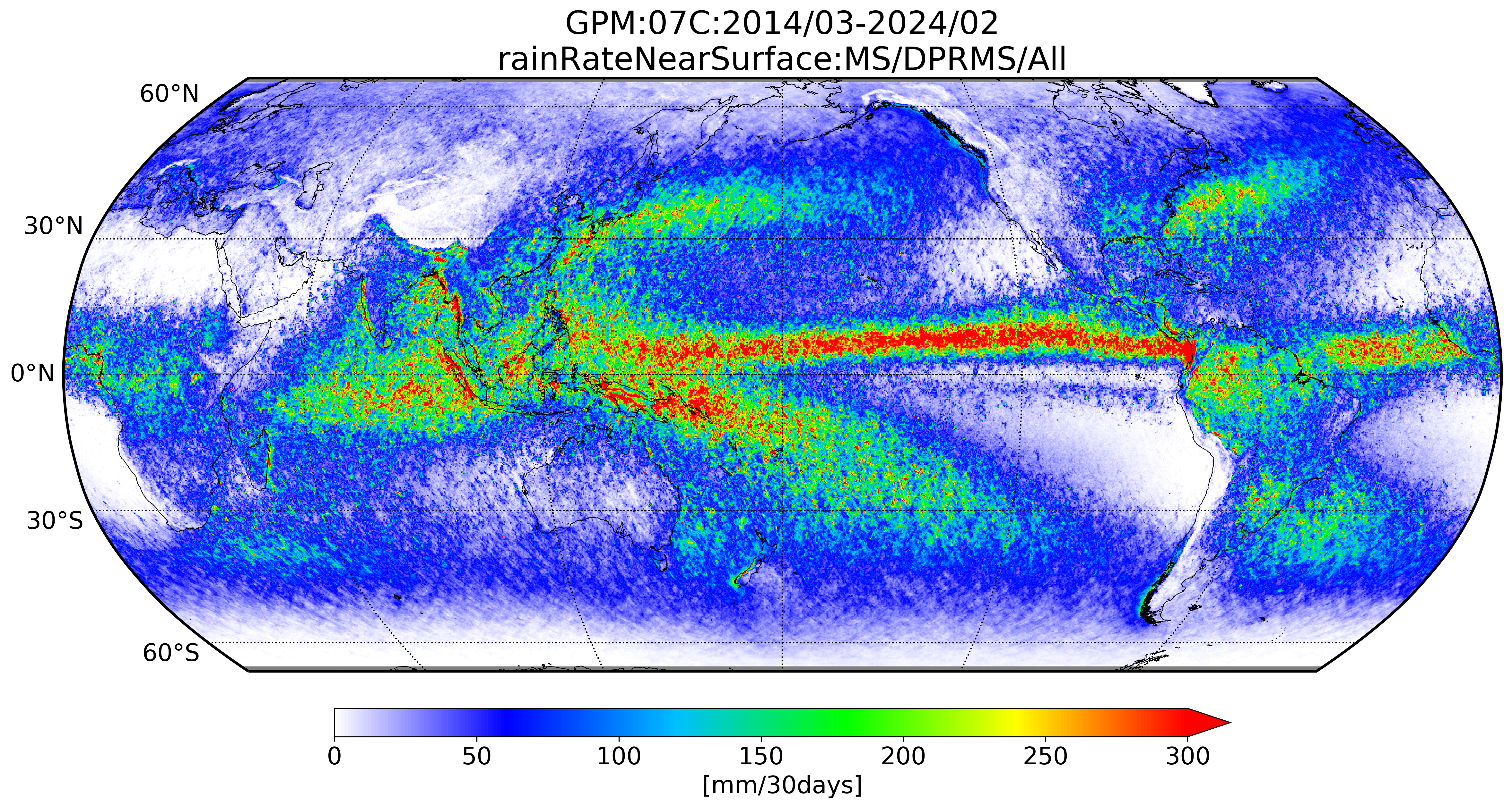 GPM/DPRによる地表面付近（地表面からの信号の影響を受けない高度）での降雨分布。期間は2014年3月～2024年2月までの10年間。単位はmm/30days。