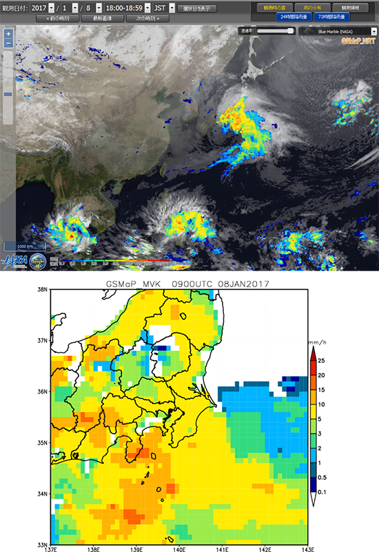 図２　GSMaP（2017年1月8日18時）JAXA「世界の雨分布リアルタイム」より引用）