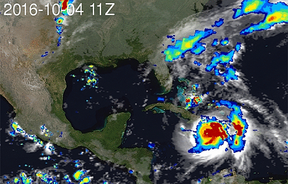 ハリケーン・マシューがハイチに上陸した直後のGSMaPによる雨のようす（2016年10月4日11UTC）