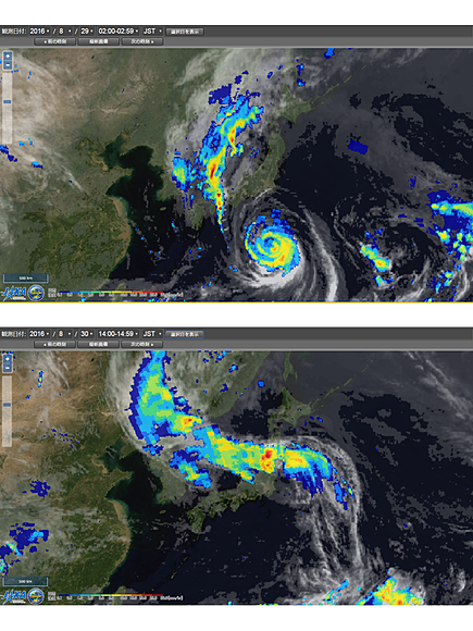 図３　GSMaP（上：2016年8月29日3時　下：2016年8月30日15時）