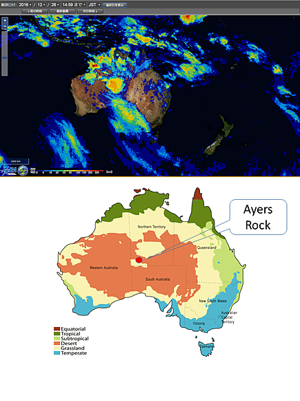 図２　上：GSMaPによる24時間降水量（2016年12月26日15時まで） 下：オーストラリアの州と気候区分
