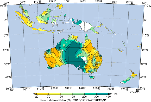 図３　降水量の平年比（2016年12月下旬）　気象庁ＨＰより
