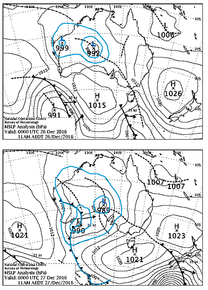 図４　地上天気図（上：2016年12月26日9時　下：2016年12月27日9時）