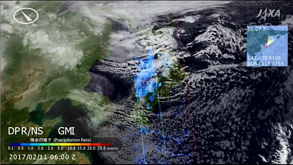 2017年2月11日15時　強烈な寒気に覆われた日本付近の雲・降水の様子（JAXA GPM/DPR）